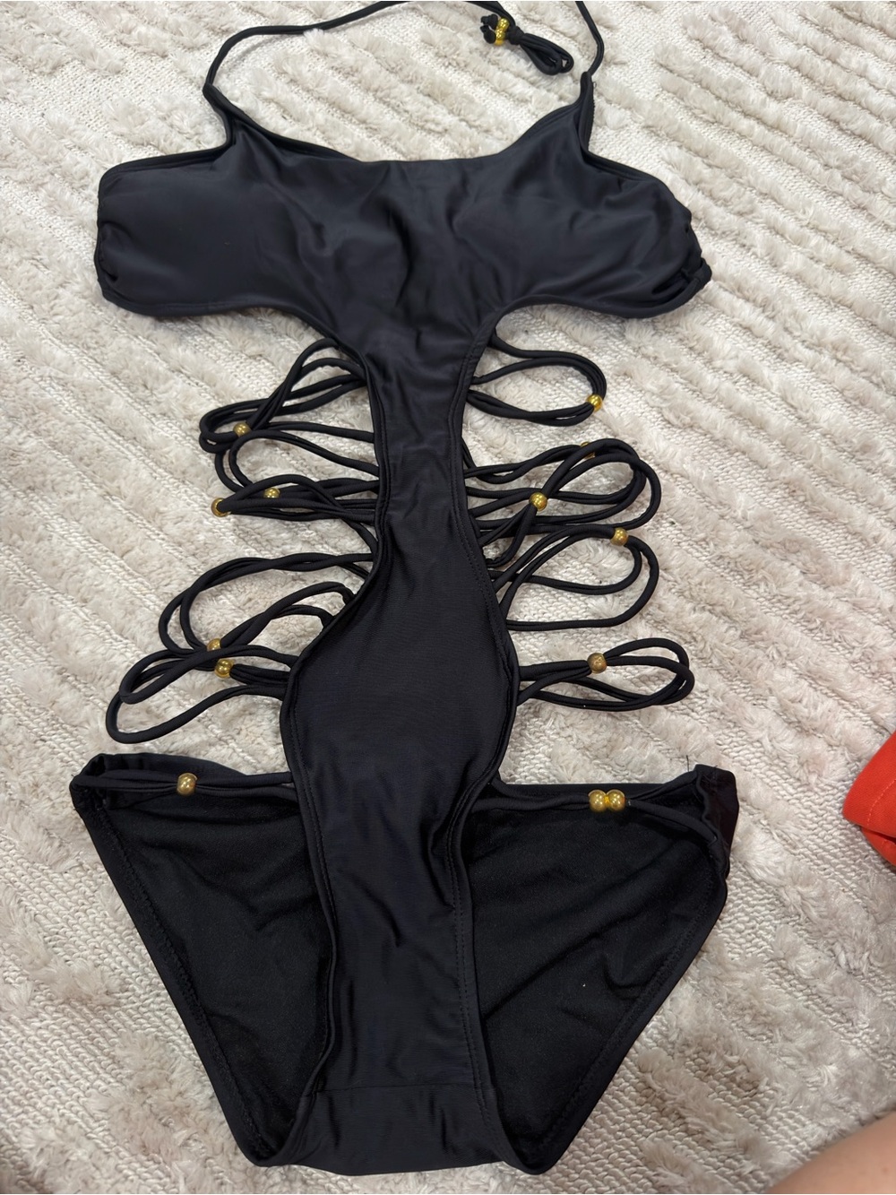 New Black Strappy Monokini Swimsuit with Gold Bead Accents